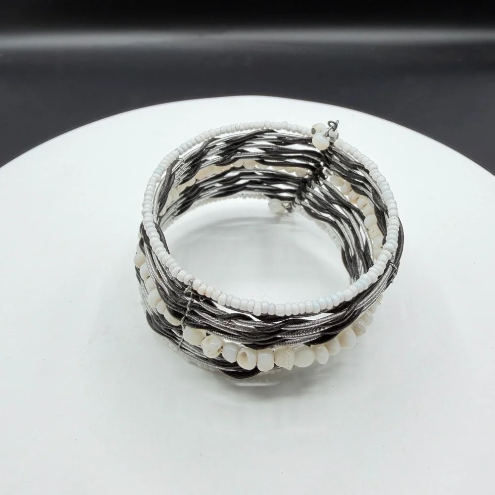 White Beaded Multi Strand Cuff Bracelet Boho Statement Layered Festival Gift